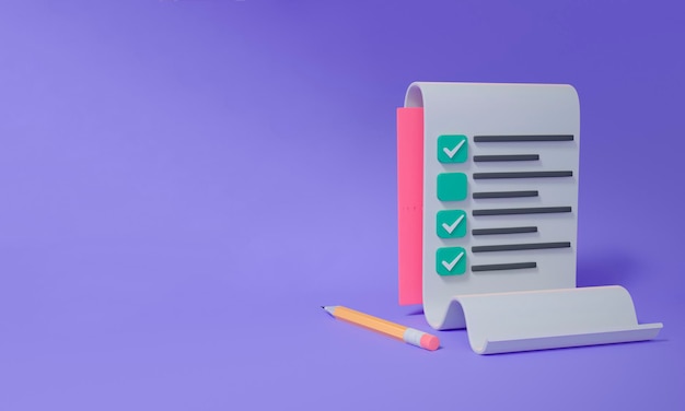 White clipboard with a checklist on a purple background d render illustration