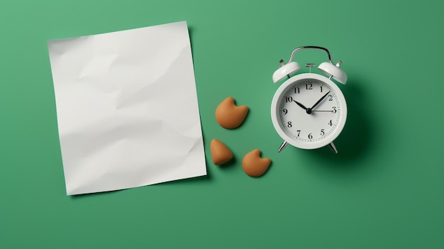 Photo a white clock with the on a green background