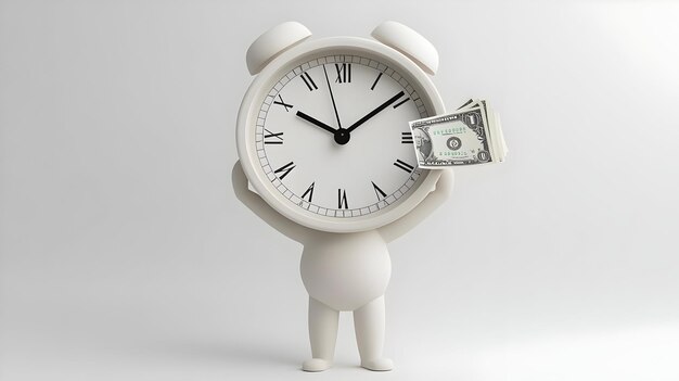 Photo a white clock with a man standing next to a clock with a dollar bill on it