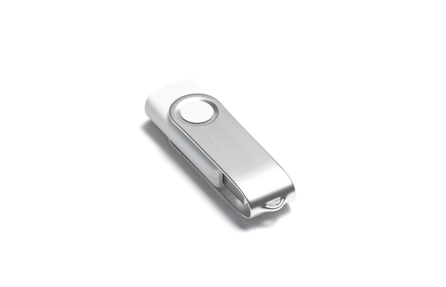 White closed usb stick. Storage flashcard for gen or information. Data flash with silver cap.