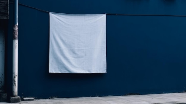 A white cloth hanging on a blue wall with a blue wall behind it.