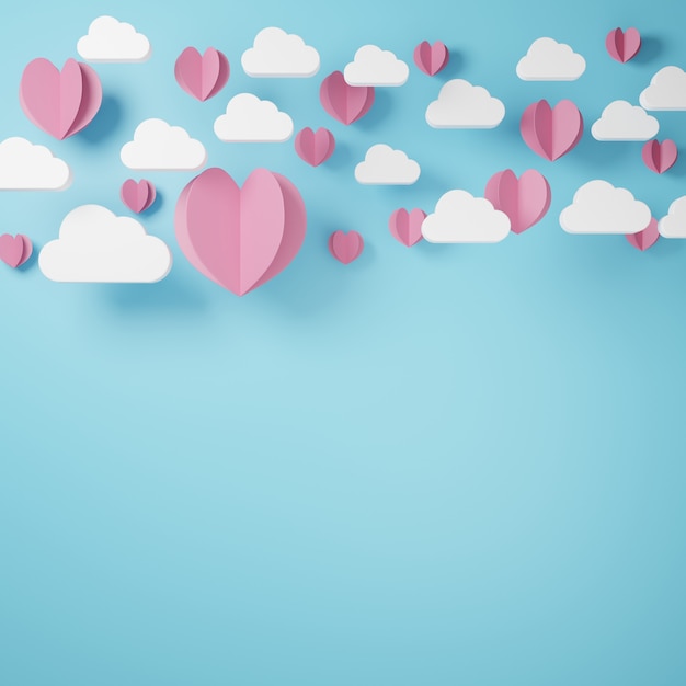 White cloud and Pink paper cut heart float on blue