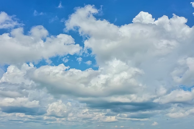 white clouds on blue sky background, abstract seasonal wallpaper, sunny day atmosphere