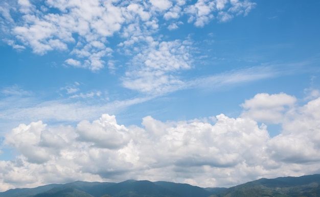 The white clouds have a strange shape and country side.Cloudy and blue sky.