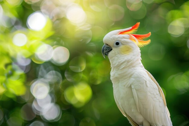 white cockatiel with red cheeks parrot on natural blur green copy space