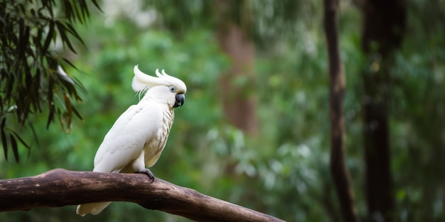 A white cockatoo sits on a branch in the forest.