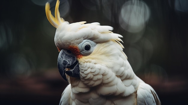 A white cockatoo with a black beak and yellow beak