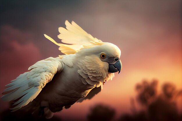 A white cockatoo with a red background and a sunset in the background