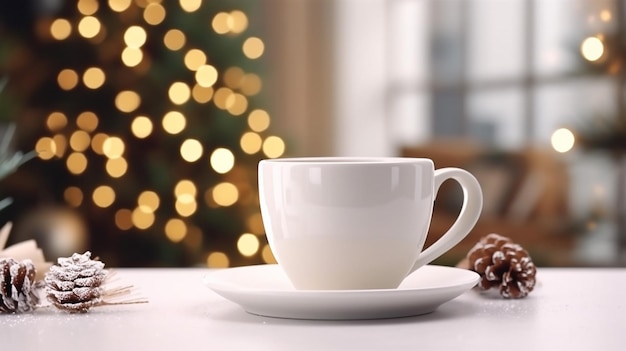 A white coffee cup and a christmas tree in the background