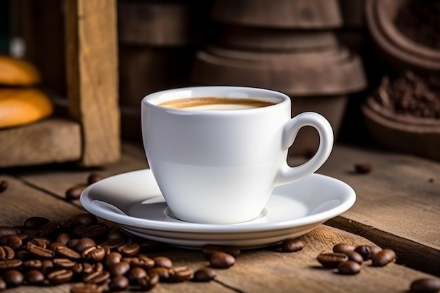 White coffee cup and coffee beans