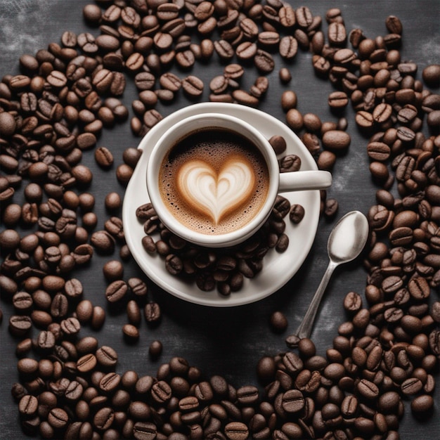 White coffee cup drawn on a blackboard with coffee beans ai generated