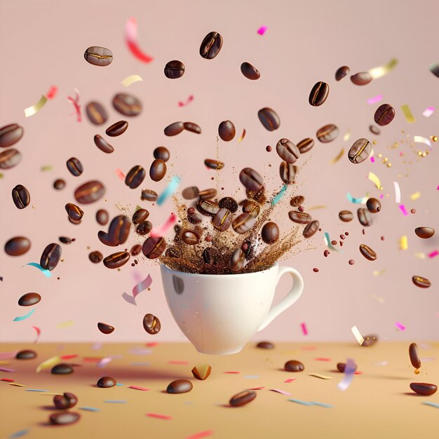 A white coffee cup from which coffee beans and confetti fly out on a light background