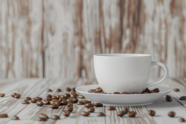 White coffee cup mockup with coffee beans on light wooden background 3D rendered for advertising