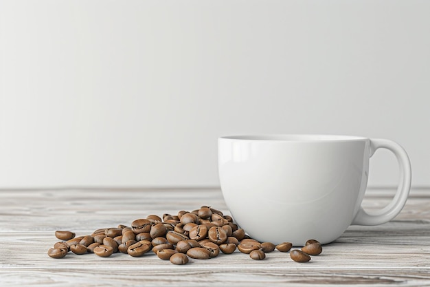 White coffee cup mockup with coffee beans on light wooden background 3D rendered for advertising