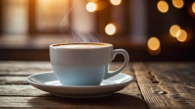 White coffee cup on rustic wooden table with cozy bokeh lights in the background