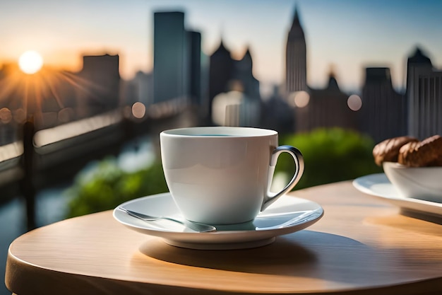 A white coffee cup and saucer sit on a table with a city skyline in the background