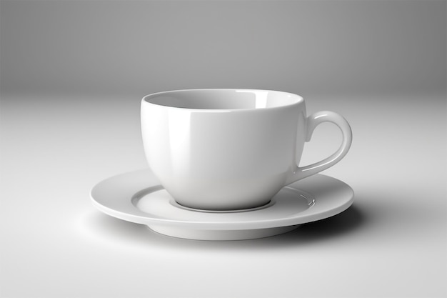 A white coffee cup and saucer with a saucer on it.