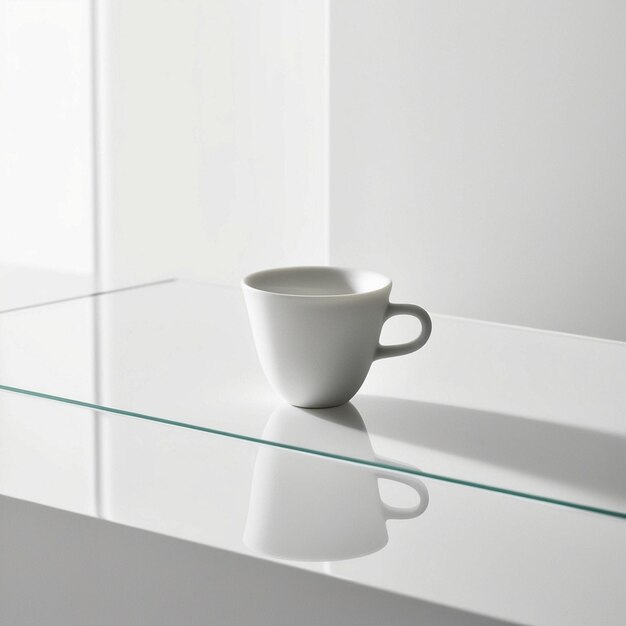 Photo a white coffee cup sits on a glass table