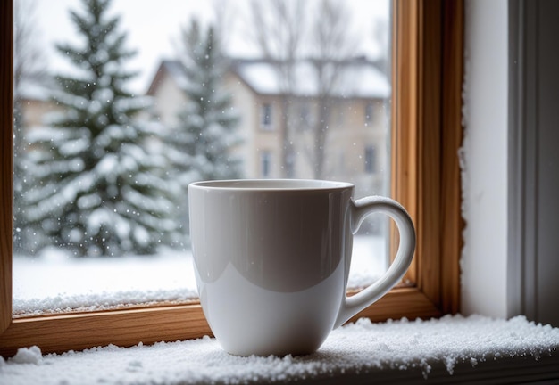 Photo a white coffee cup sits on a window sill with snow on the window sill