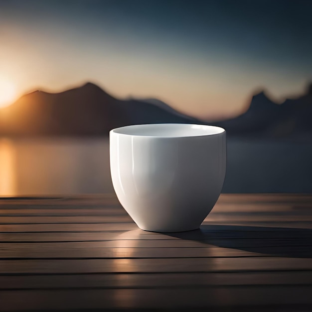 A white coffee cup sits on a wooden deck with mountains in the background.