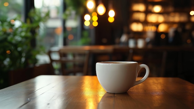 A white coffee cup sits on a wooden table in a cafe with warm lighting and blurred background