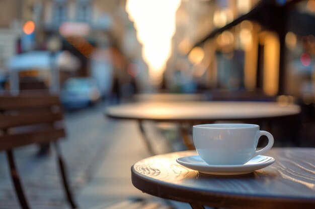 A white coffee cup sits on a wooden table outside in a city settinggenerative ai image