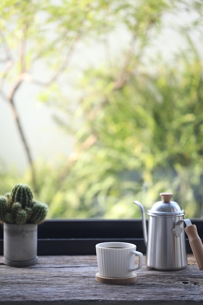 White coffee cup and stainless coffee drip brew pot with cactus on table in front of window