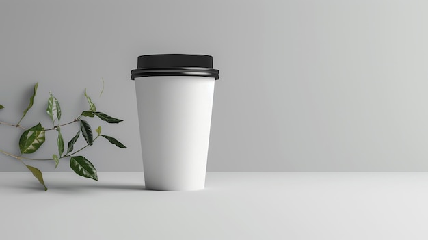 a white coffee cup with a black lid and a flower in the middle