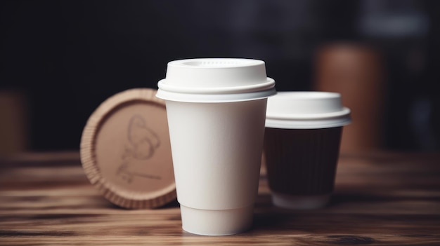 A white coffee cup with a brown lid sits on a table with other coffee products.