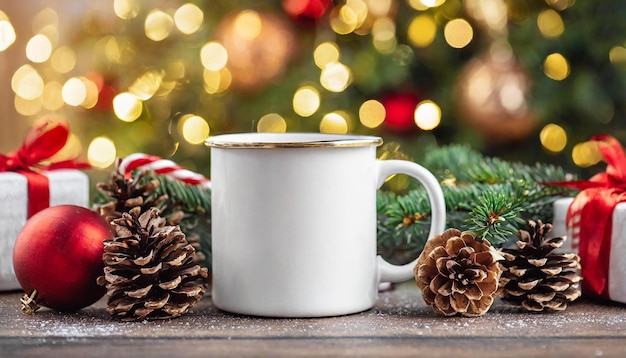 a white coffee cup with a christmas tree in the background