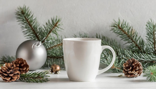 a white coffee cup with a christmas tree in the background