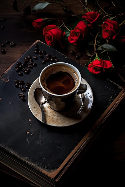 white coffee cup with coffee beans and flowers