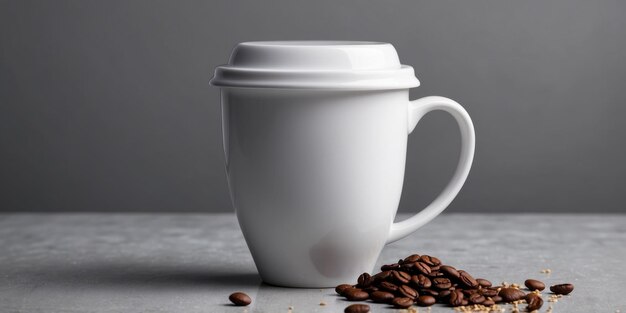 Photo a white coffee cup with a lid is shown on a grey background