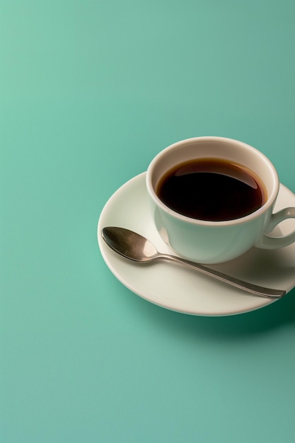 A white coffee cup with a spoon in it sits on a green table