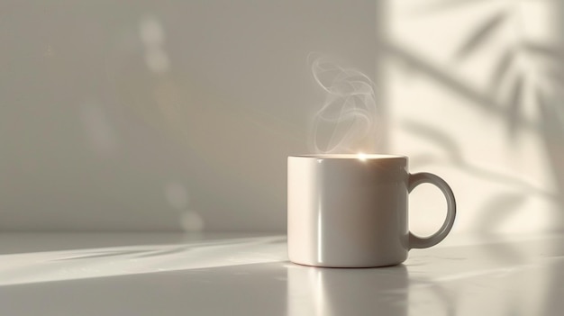 a white coffee cup with steam coming out of it