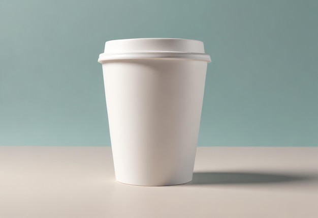 a white coffee cup with a white lid sits on a table