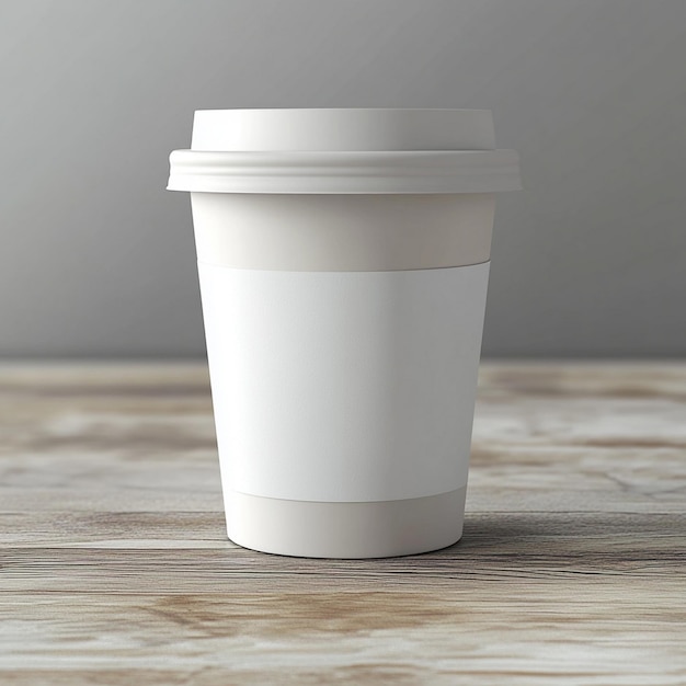 a white coffee cup with a white lid sits on a wooden table