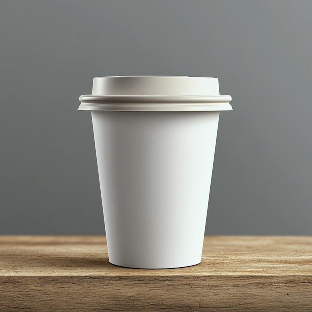 a white coffee cup with a white lid sits on a wooden table