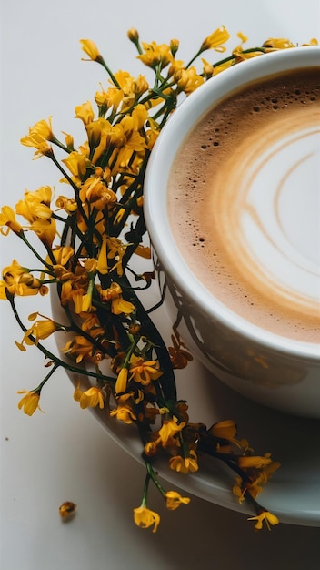 Photo white coffee cup with yellow flowerclose ups