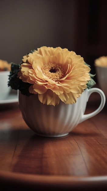 Photo white coffee cup with yellow flowerclose ups