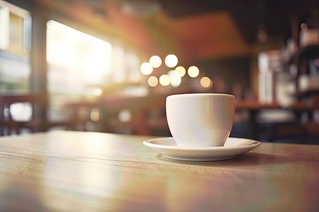 White coffee cup on a wooden table in a cozy cafe with blur and bokeh background