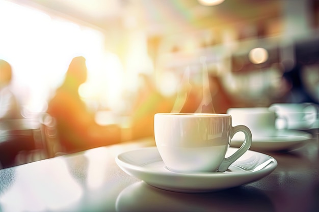 White coffee cup on a wooden table in a cozy cafe with blurred background and bokeh in the afternoon