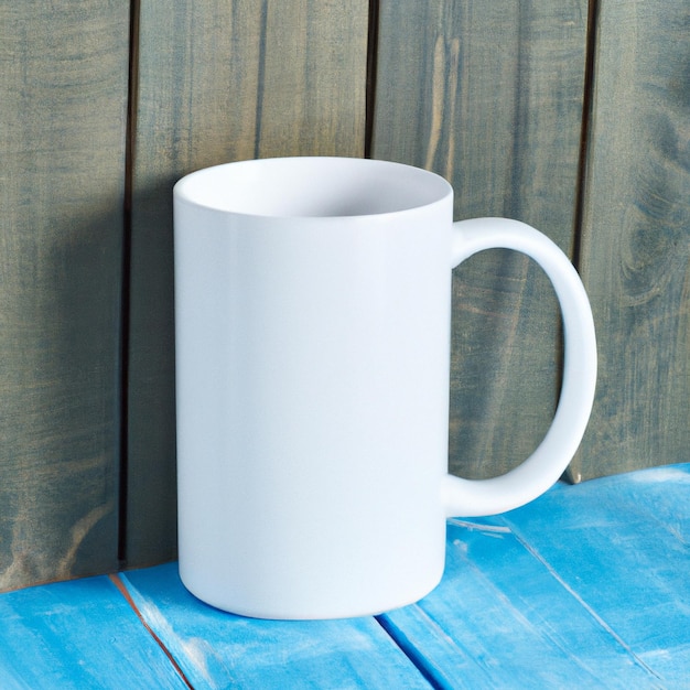 A white coffee mug is on a blue wooden surface.