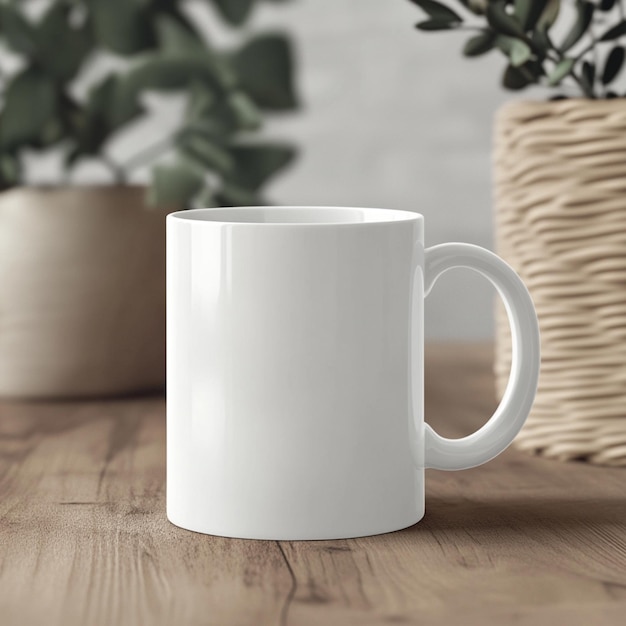 a white coffee mug is sitting on a table with a plant in the background