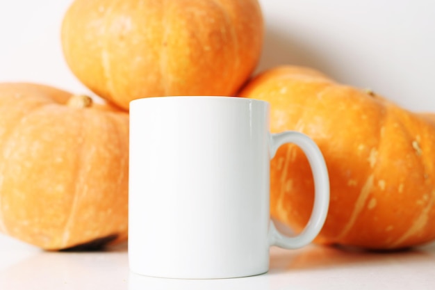 White coffee mug and many pumprins fall mockup