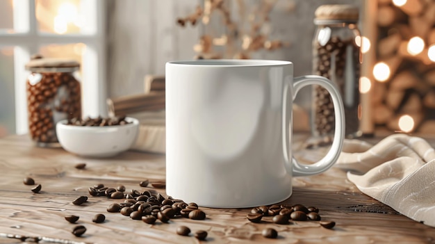 White coffee mug mockup with coffee beans on wooden table