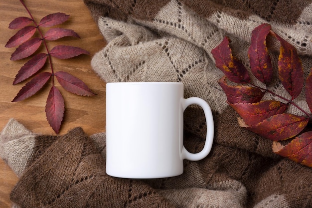 White coffee mug mockup with knitted blanket and red fall rowan leaves.  Empty mug mock up for design promotion, styled template