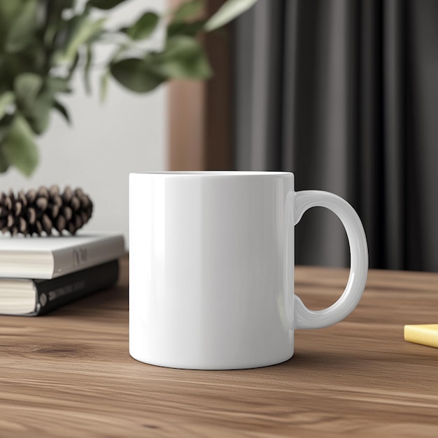 a white coffee mug sits on a table next to a book with a pine cone on it