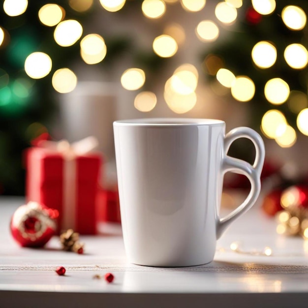 a white coffee mug sits on a table next to a christmas tree