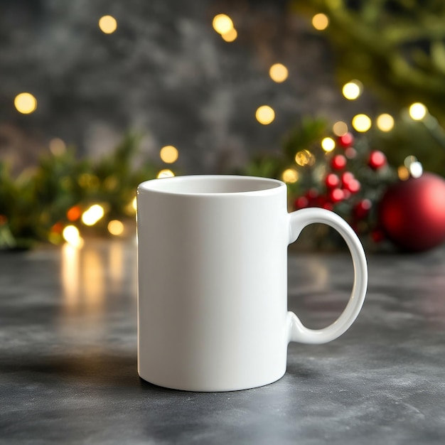 a white coffee mug sits on a table in front of a christmas tree